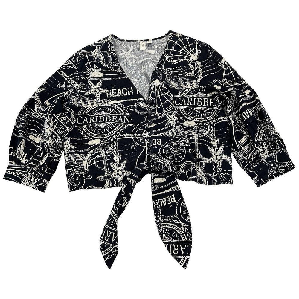 Joie Knotted Crop Top Sz XL Blue Caribean Tropical Print 3/4 Sleeve Linen Blend